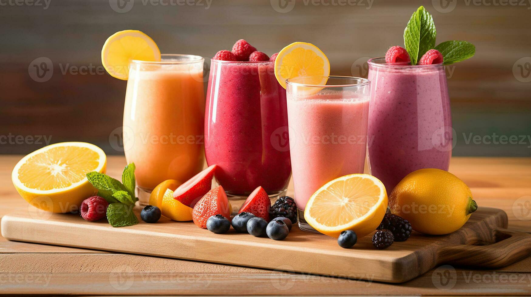 vibrant rayures de bien-être. coloré fruit, légume, et citron smoothies photo