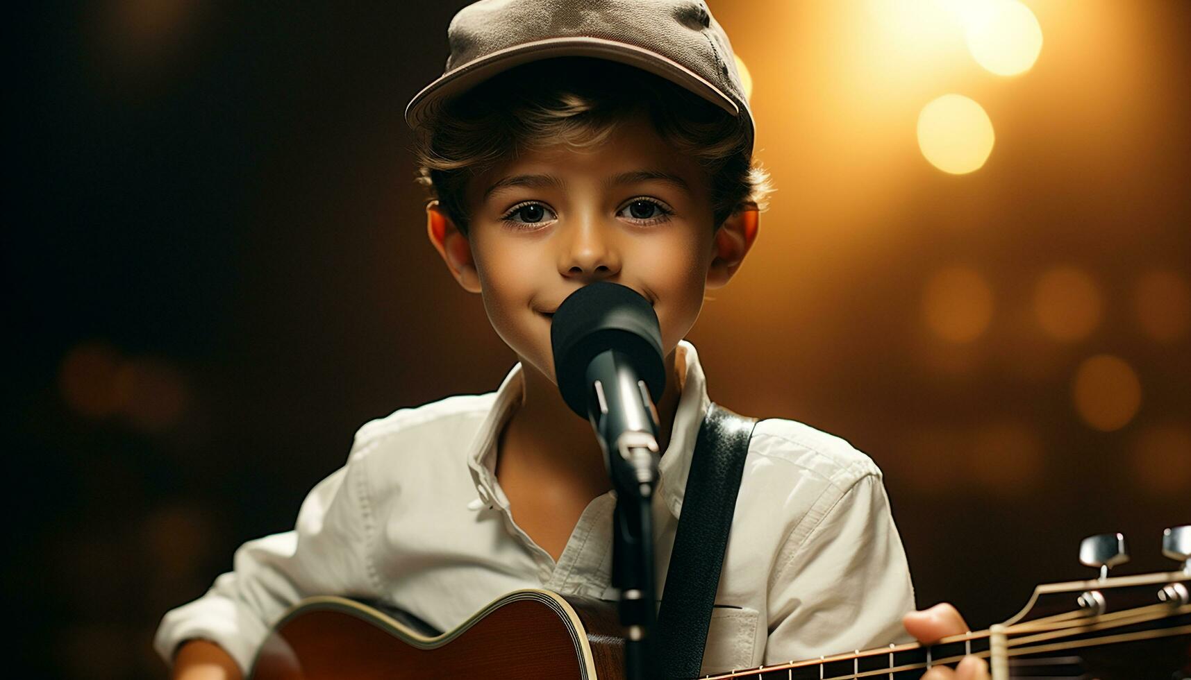 une mignonne caucasien garçon musicien en jouant guitare sur organiser, souriant généré par ai photo