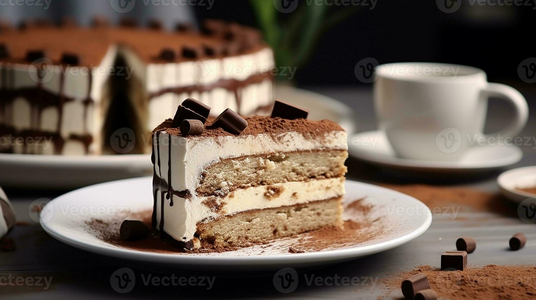 photo de tiramisu sur blanc plaque. génératif ai