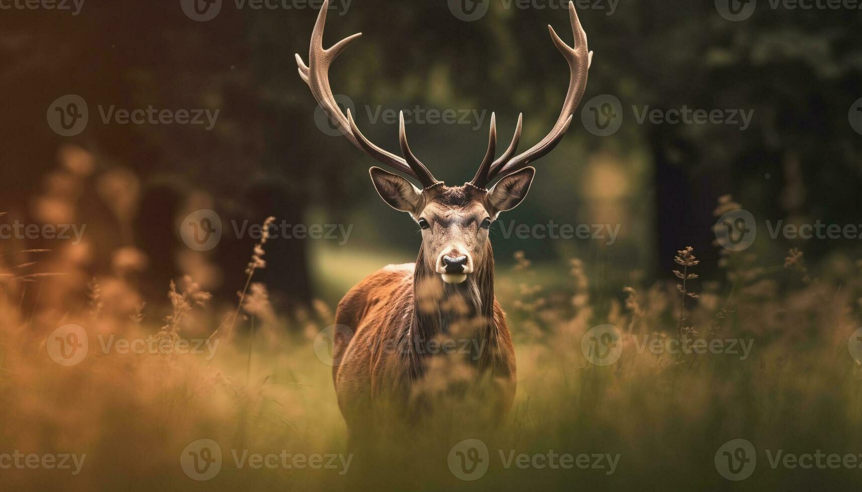 une majestueux cerf broute dans le prairie, entouré par la nature généré par ai photo