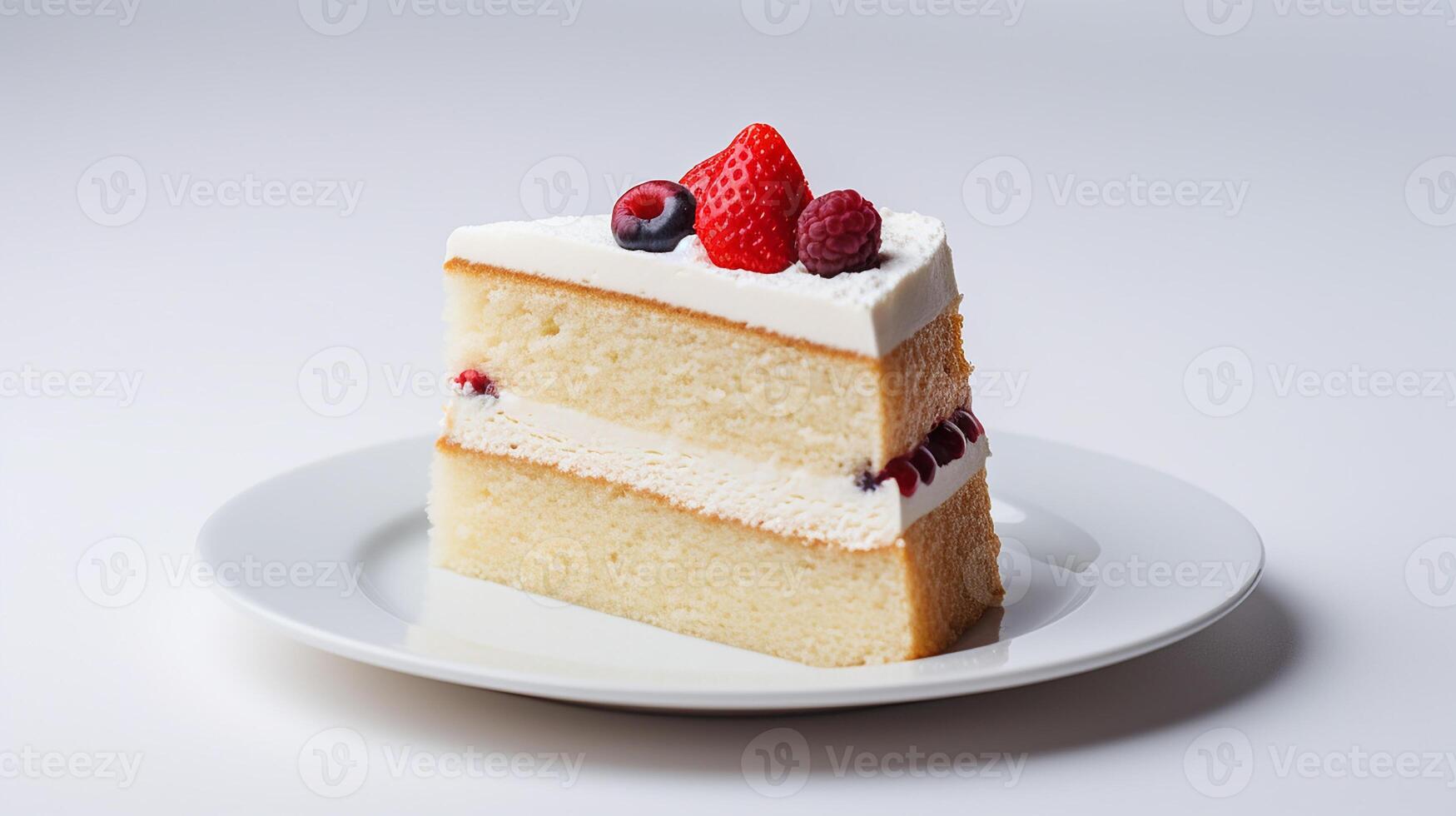 photo de tranche de génoise gâteau sur blanc plaque. génératif ai