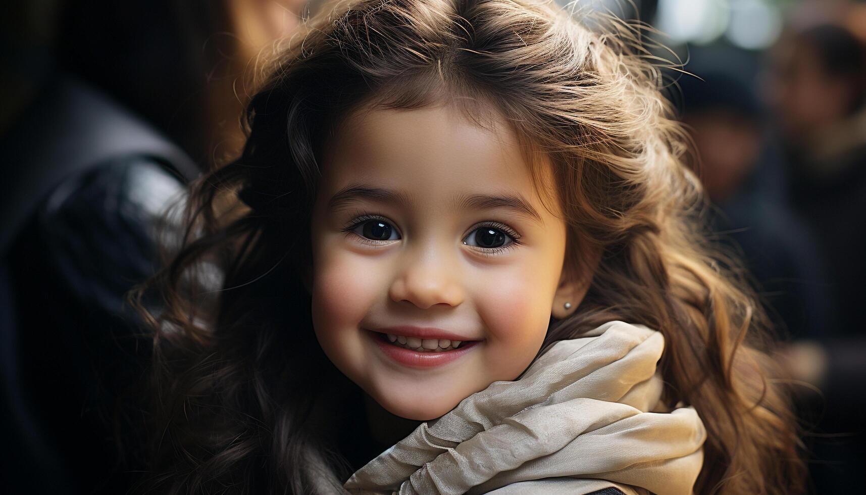 souriant enfant, de bonne humeur bonheur, mignonne portrait de caucasien fille en plein air généré par ai photo