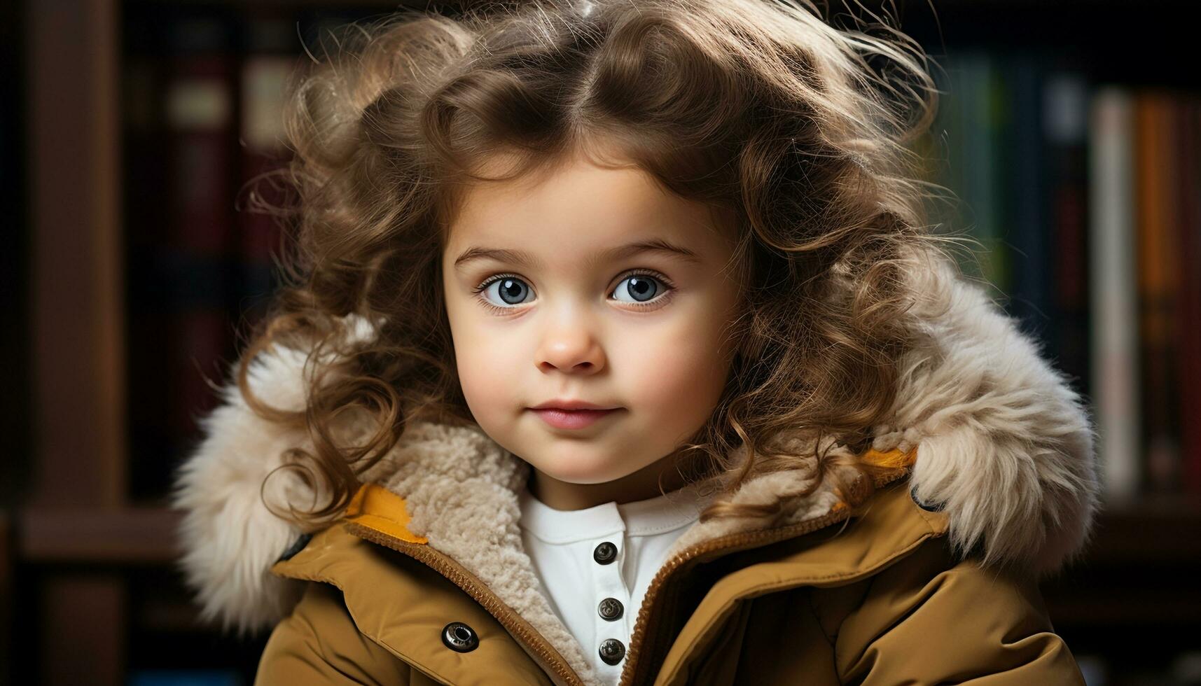 une mignonne enfant avec frisé cheveux souriant, à la recherche à caméra généré par ai photo