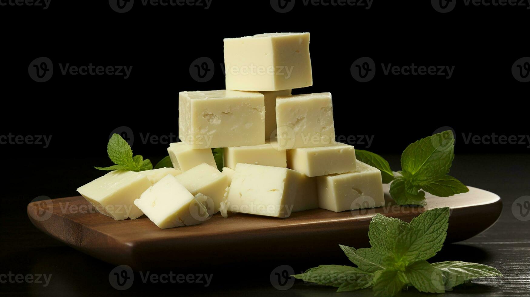 une pile de fromage sur blanc assiette isolé sur noir Contexte. génératif ai photo