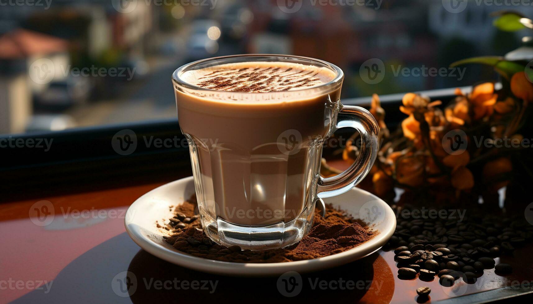 café tasse sur tableau, proche en haut de mousseux cappuccino avec latté art généré par ai photo
