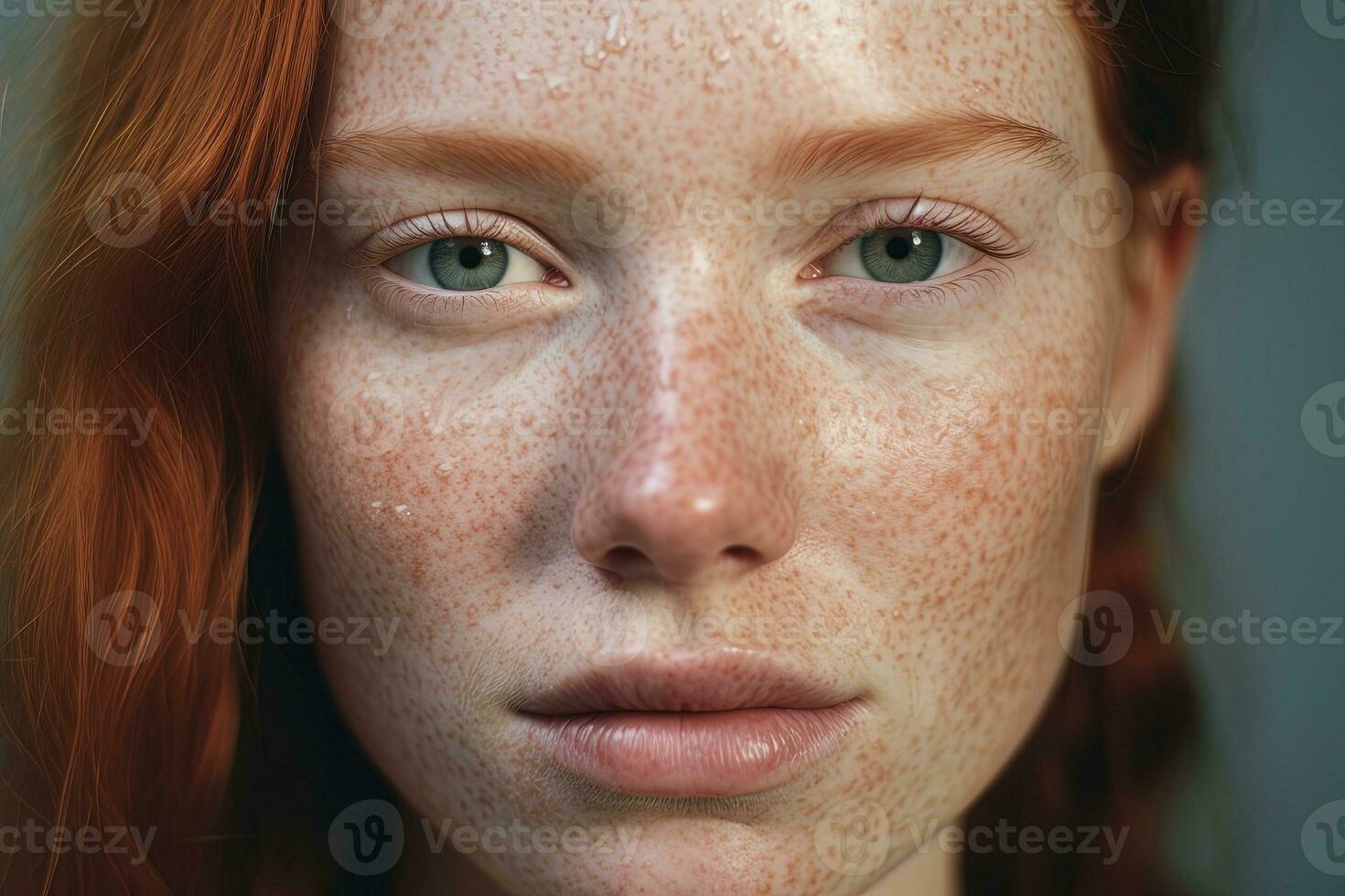 une proche en haut de une femme avec taches de rousseur ai généré photo