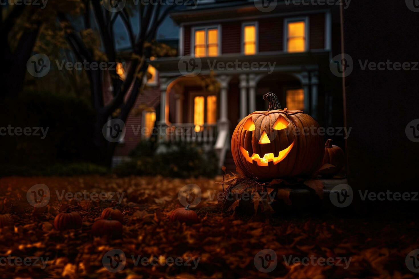 Halloween citrouilles dans de face de une maison ai généré photo