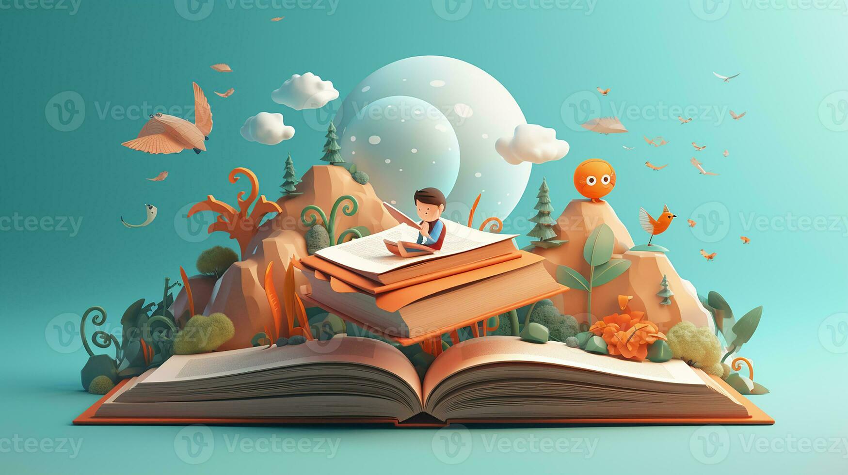 3d illustration de éducation concept, empiler de livres avec exclamation marquer. génératif ai photo