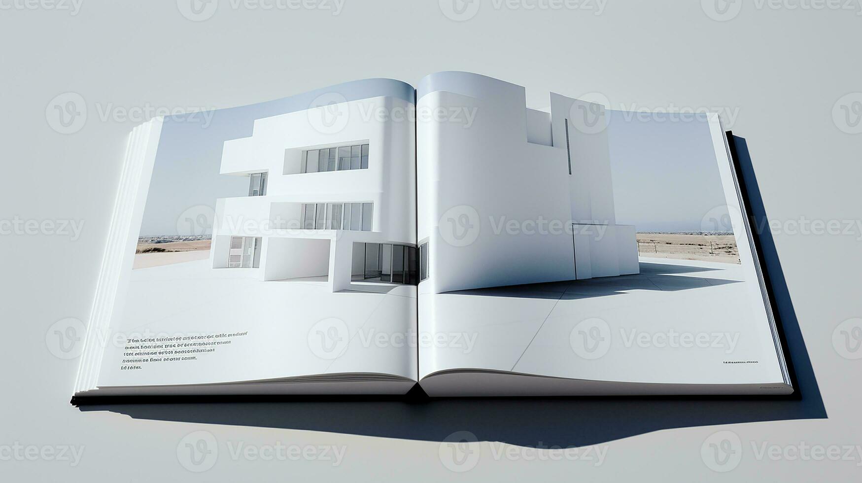 ouvert magazine avec moderne et minimaliste bâtiment et bleu ciel. 3d le rendu. photo