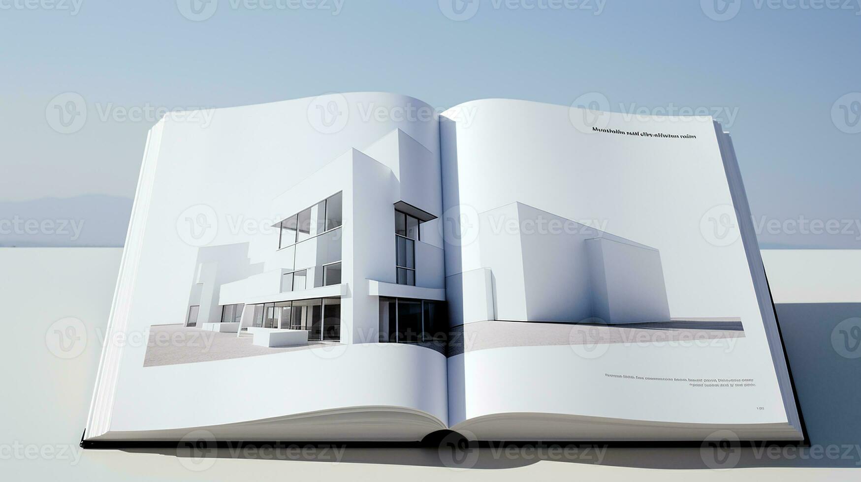 ouvert magazine avec moderne et minimaliste bâtiment et bleu ciel. 3d le rendu. photo