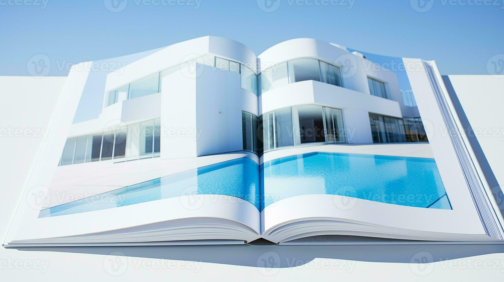 ouvert magazine avec moderne et minimaliste bâtiment et bleu ciel. 3d le rendu. photo