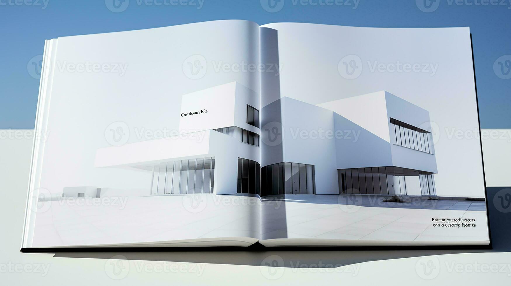 ouvert magazine avec moderne et minimaliste bâtiment et bleu ciel. 3d le rendu. photo