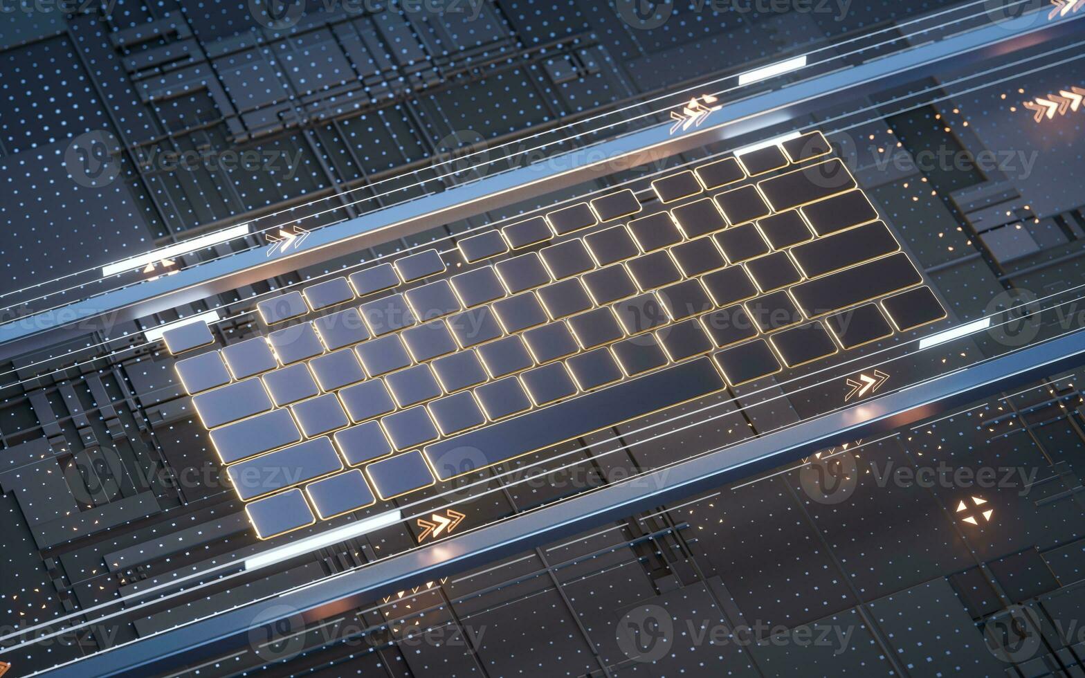 ordinateur clavier avec numérique cyberespace arrière-plan, 3d le rendu. photo