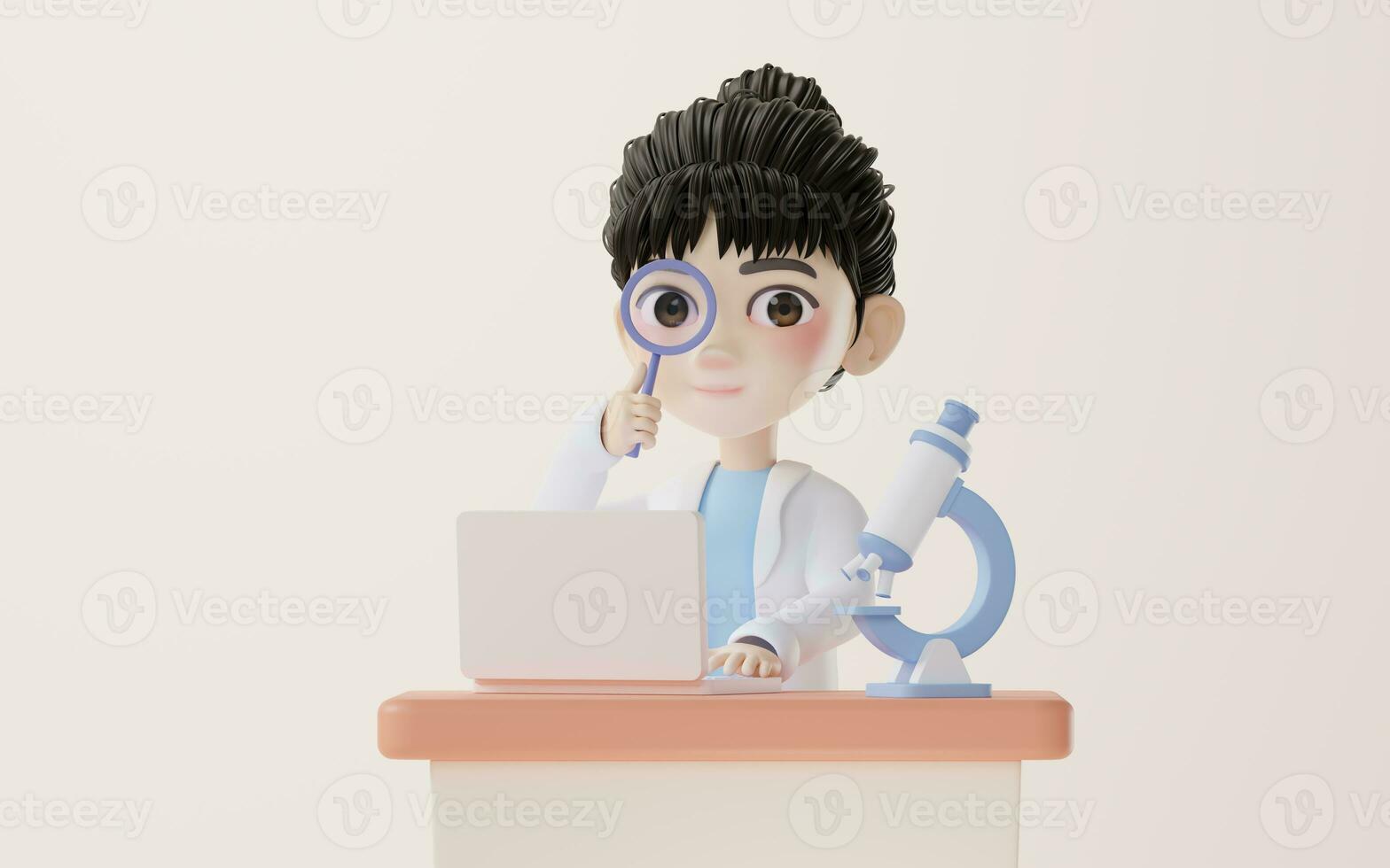 3d dessin animé femelle chercheur et microscope, 3d le rendu. photo