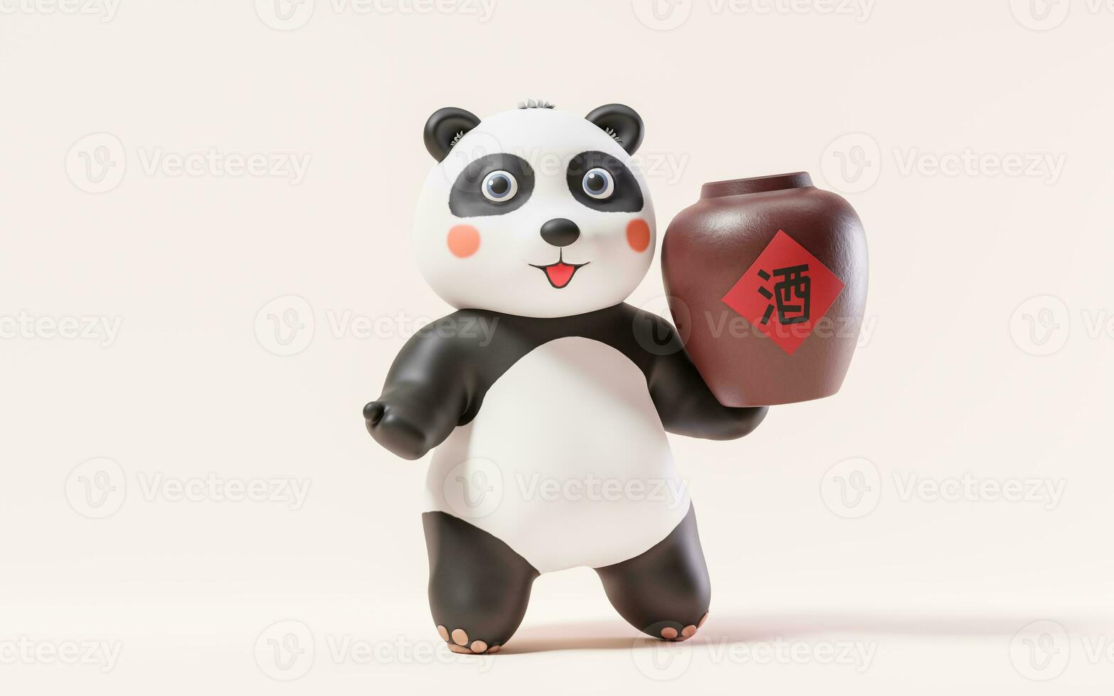 dessin animé Panda et du vin pot, 3d le rendu. Traduction en cours sur pot du vin. photo