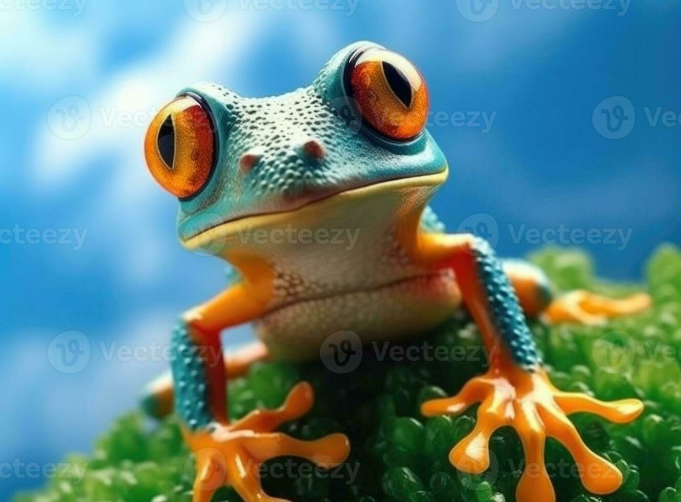 mignonne grenouille sur mousse. génératif ai photo