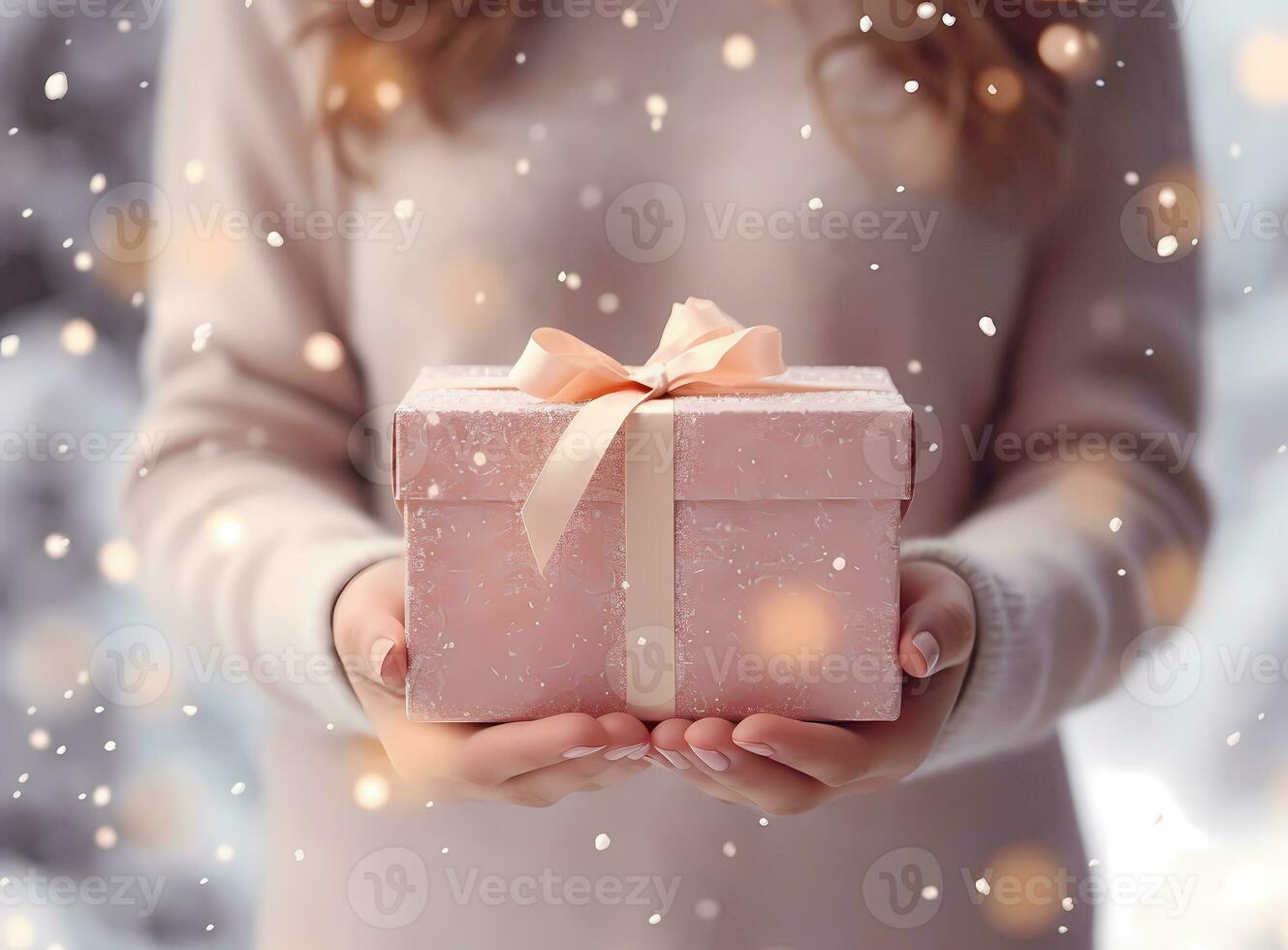 femme en portant cadeau boîte dans mains. Noël fête. avec boké. photo