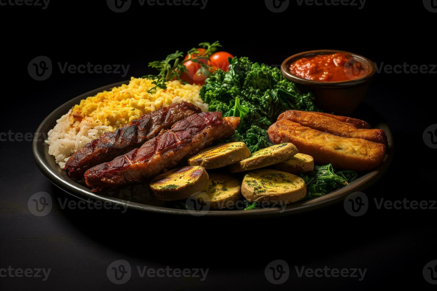 assiette avec typique brésilien nourriture en bonne santé plaque, foncé fond.ai génératif photo