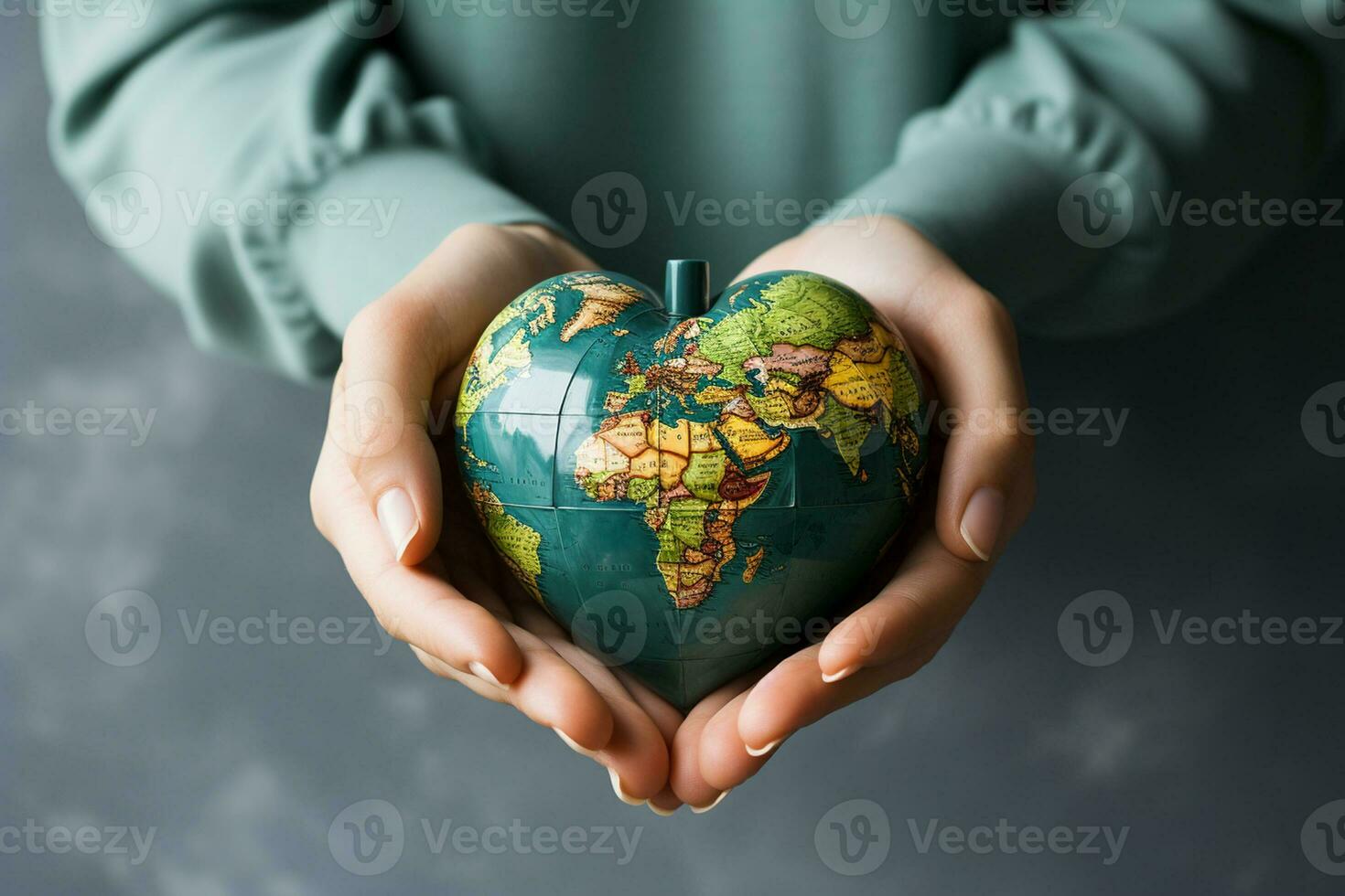 femme mains en portant une globe sur une gris Contexte. Terre et ozone journée concept ai génératif photo