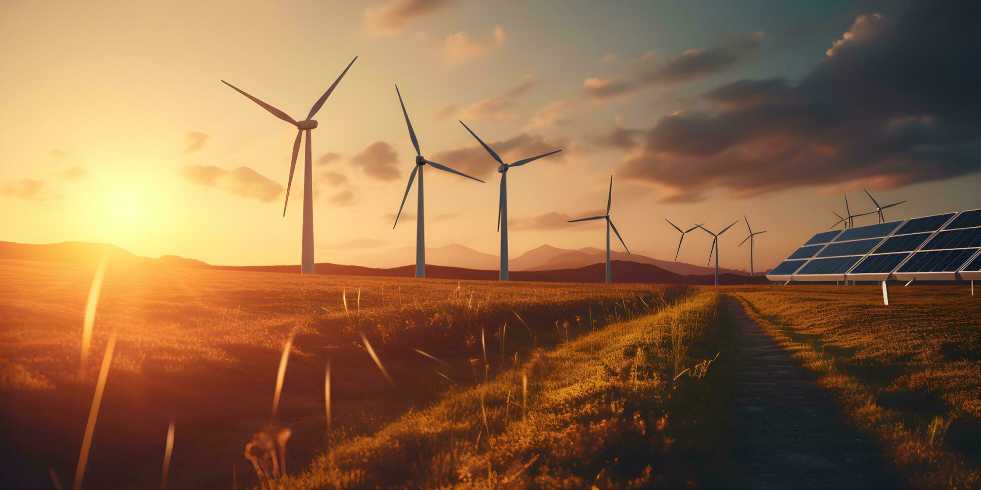 moderne vent turbines et solaire panneaux le coucher du soleil lumière. concept éco vert énergie. génération ai photo