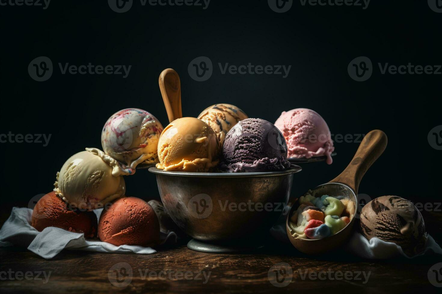 assorti la glace crème des balles de différent les saveurs et couleurs sur une en bois tableau. ai génératif photo