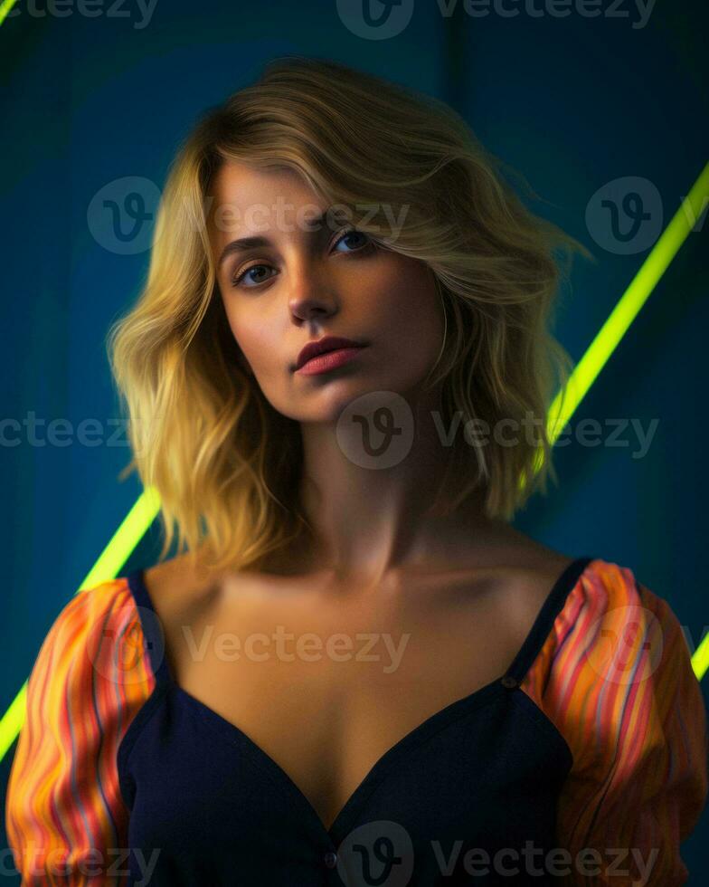 portrait de une magnifique blond femme avec néon Contexte génératif ai photo