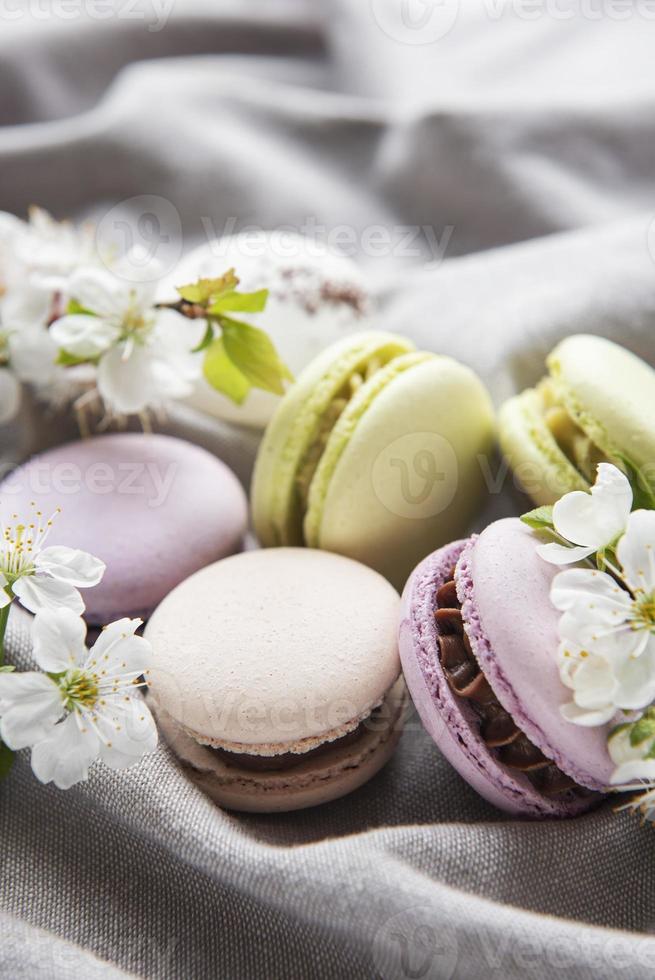 Variété colorée de macarons sucrés français sur fond textile gris photo