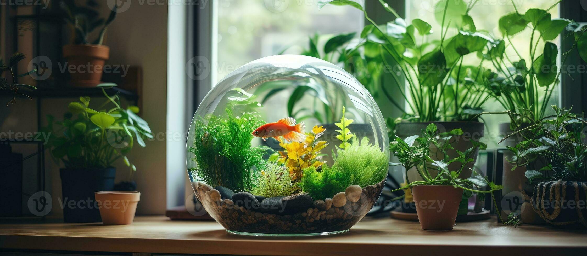 intérieur les plantes et rond aquarium sur une confortable fenêtre seuil photo