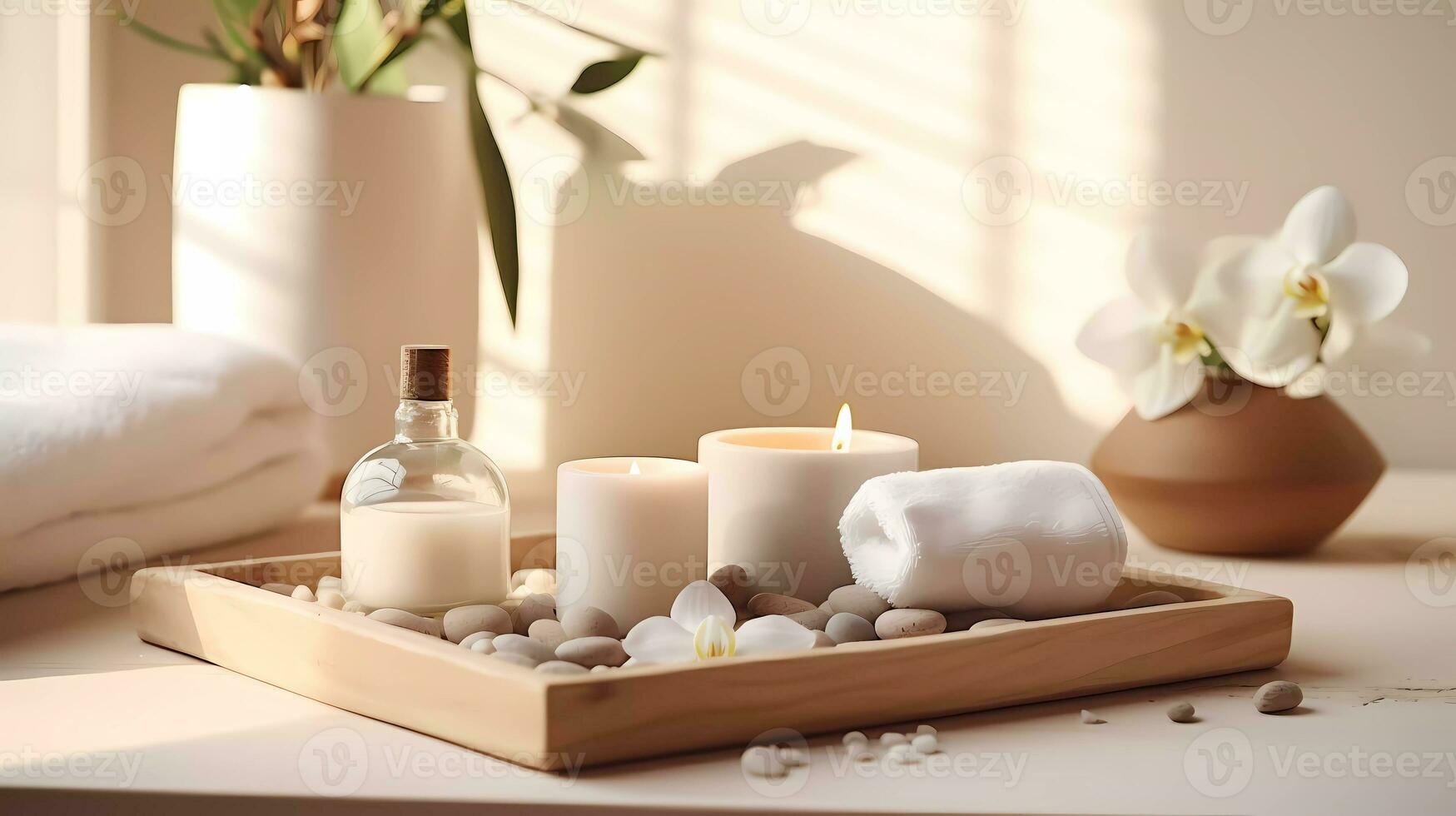 spa accessoire composition ensemble dans journée spa hôtel, beauté bien-être centre. spa produit sont mis dans luxe spa recours chambre, prêt pour massage thérapie de professionnel service. photo