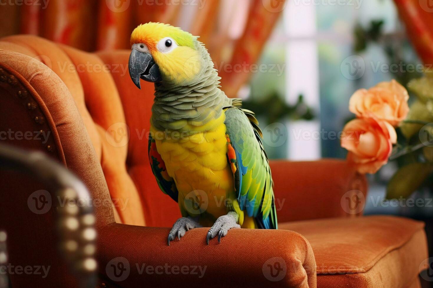 mignonne ara perroquet oiseau dans vivant chambre. ara perroquet oiseau avec marrant Regardez photo