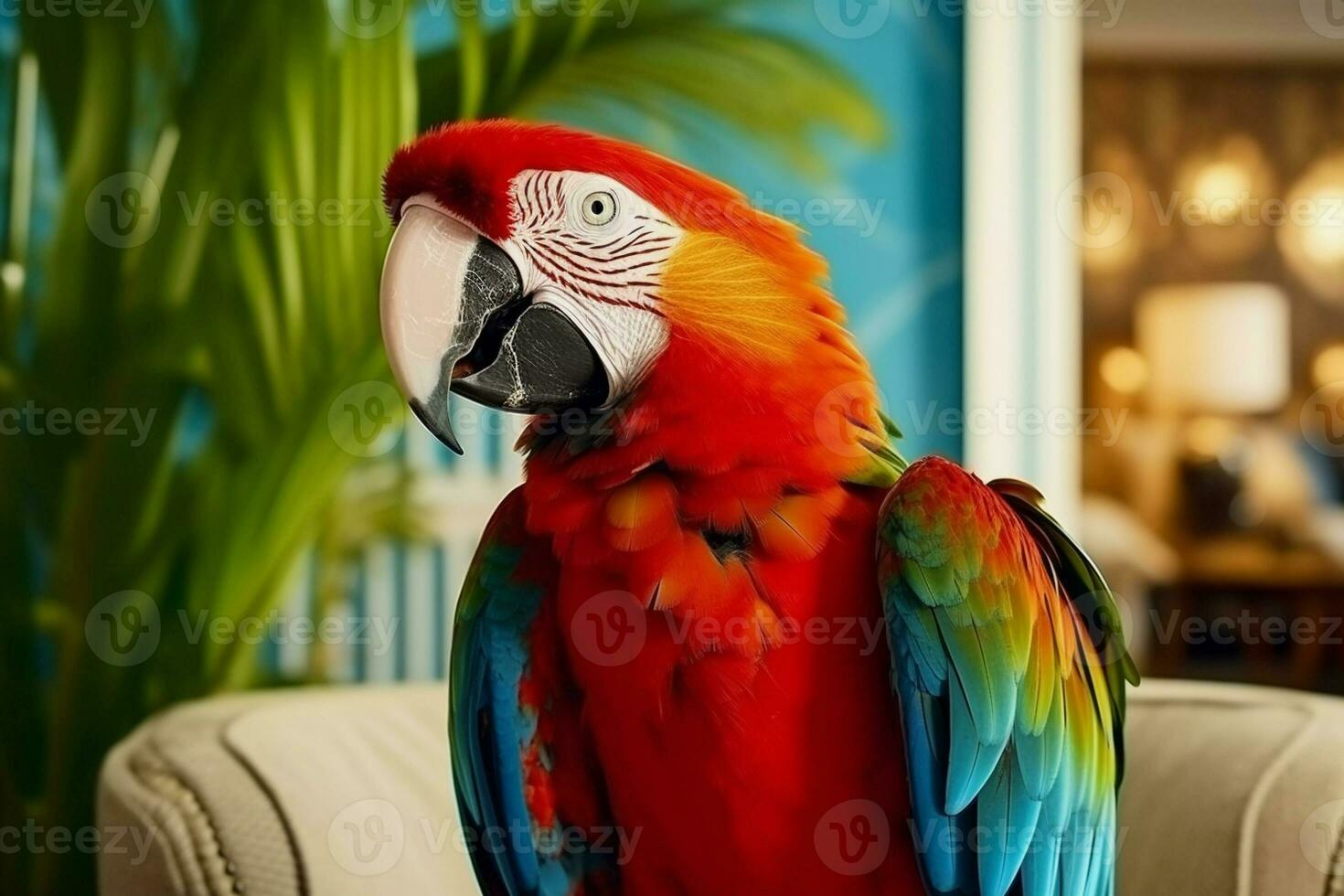 mignonne ara perroquet oiseau dans vivant chambre. ara perroquet oiseau avec marrant Regardez photo