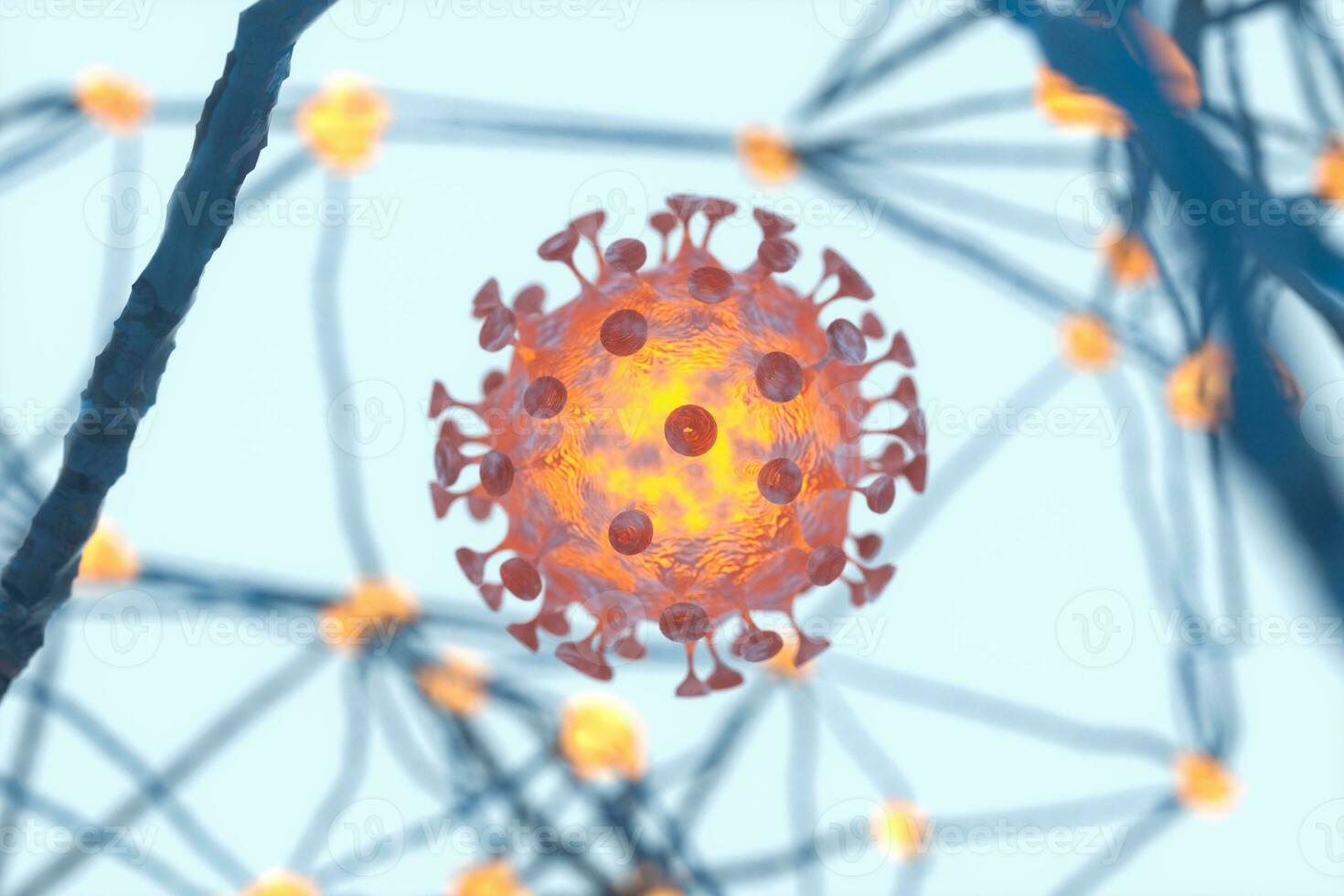 Dispersé couronne virus avec nerveux système arrière-plan, 3d le rendu photo