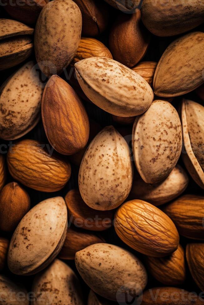 réaliste photo de une bouquet de amandes. Haut vue des noisettes paysage. ai généré