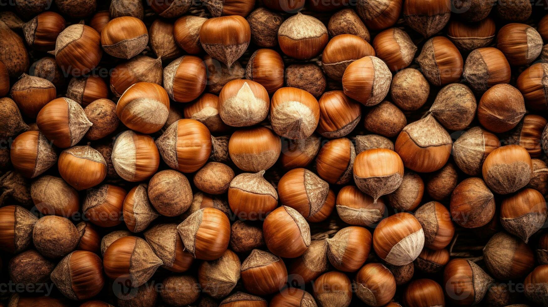 réaliste photo de une bouquet de noisettes. Haut vue des noisettes paysage. ai généré