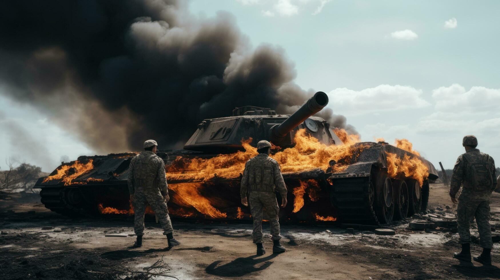 militaire blanc Hommes sur une brûlé réservoir photo