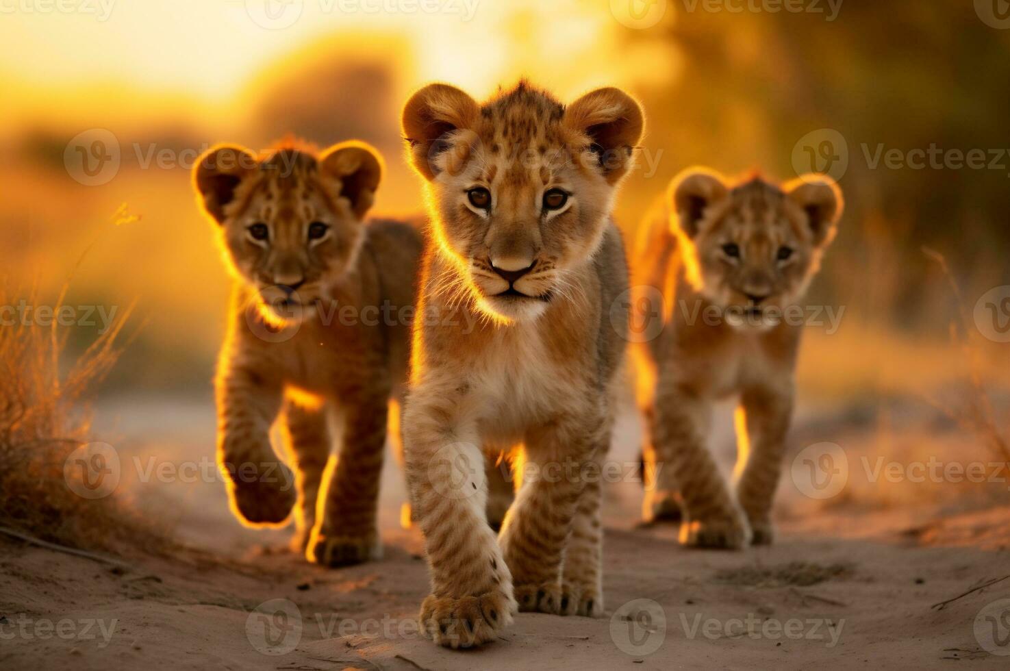 Lion petits dans le africain savane pendant le d'or heure de le journée. ai généré photo