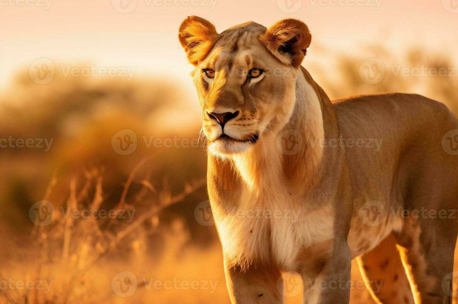 lionne dans le africain savane pendant le d'or heure de le journée. ai généré photo