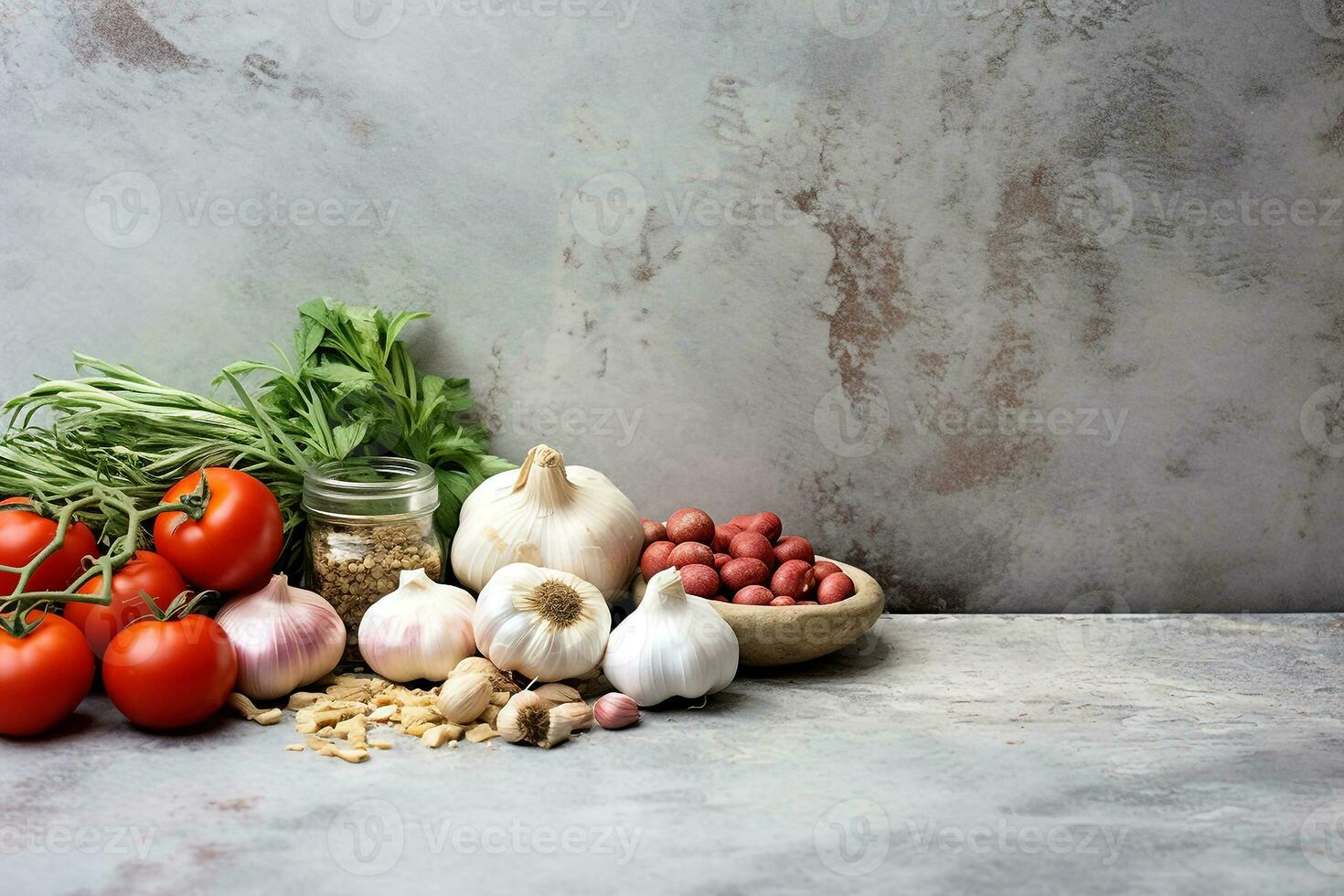 Haut vue de ail, tomate, herbes et épices sur une pierre contexte.santé nourriture, régime concept.créé avec génératif ai technologie. photo