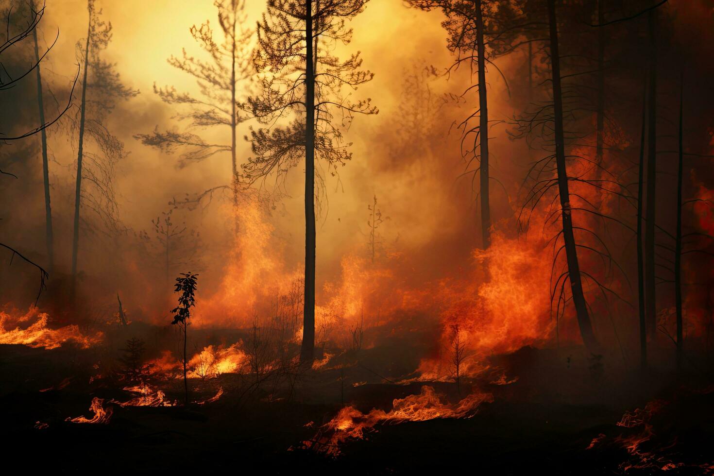 forêt Feu. brûlant pin des arbres dans le forêt. Naturel catastrophe. brûlant forêt, Feu et fumée dans le soir. conceptuel image, ai généré photo