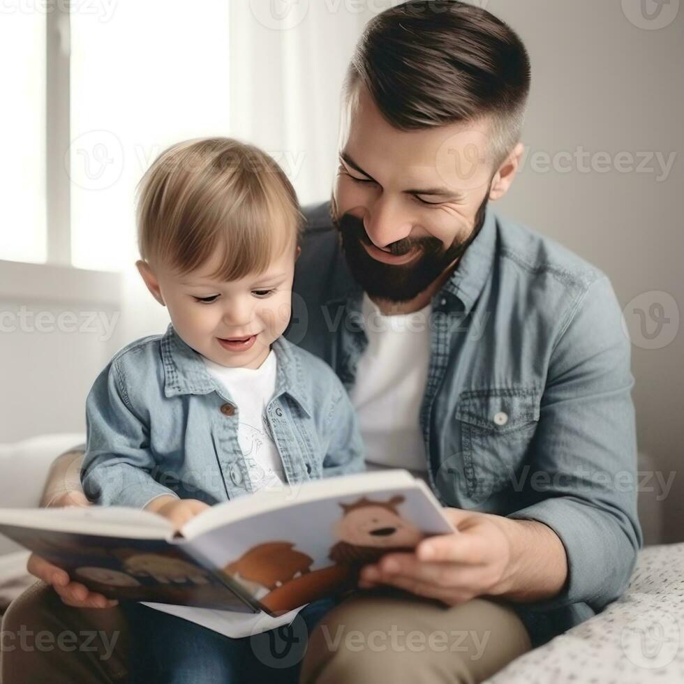 père et fils sont en train de lire une livre et souriant tandis que dépenses temps ensemble à Accueil photo