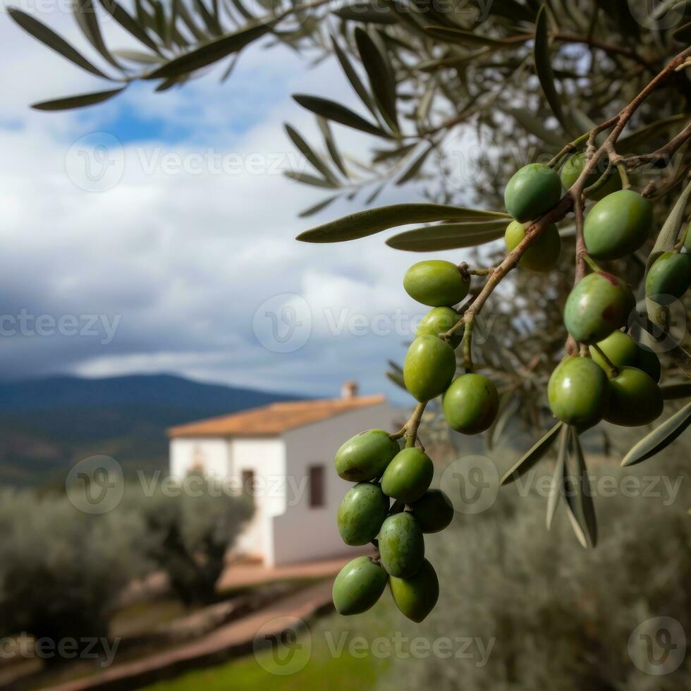 olive branche dans une rural paysage avec méditerranéen Maisons dans le Contexte photo