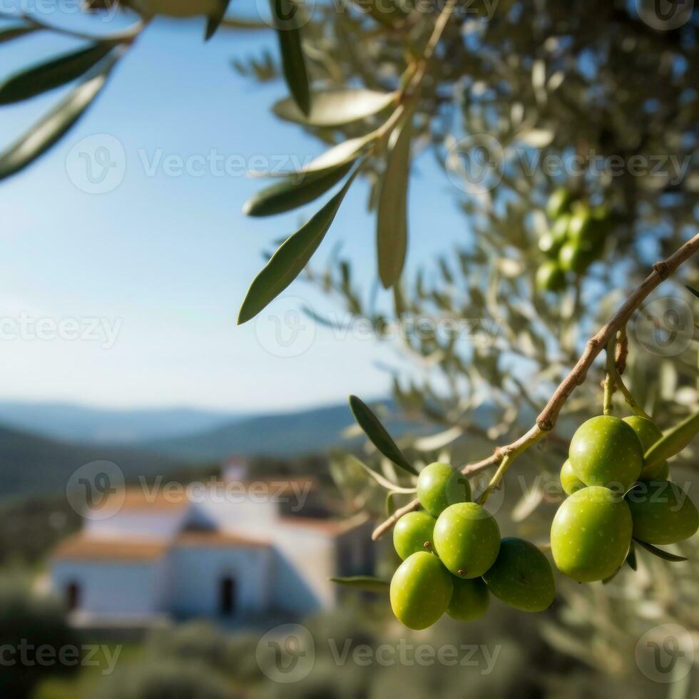 olive branche dans une rural paysage avec méditerranéen Maisons dans le Contexte photo