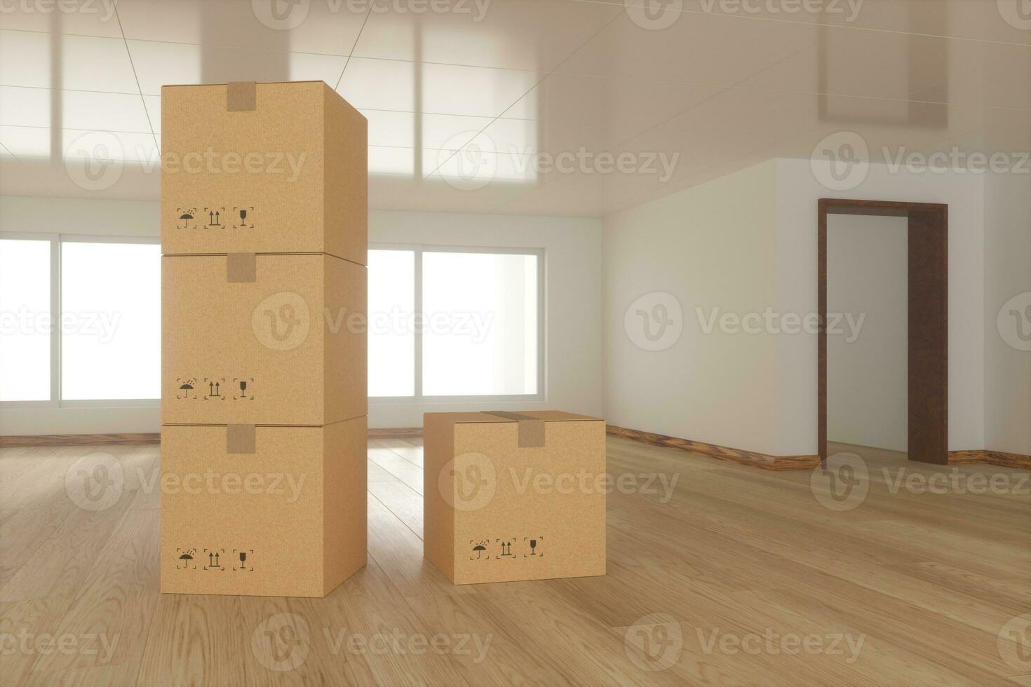 empilés papier carton dans le vide chambre, avec lumière du soleil viens de le les fenêtres, 3d le rendu. photo