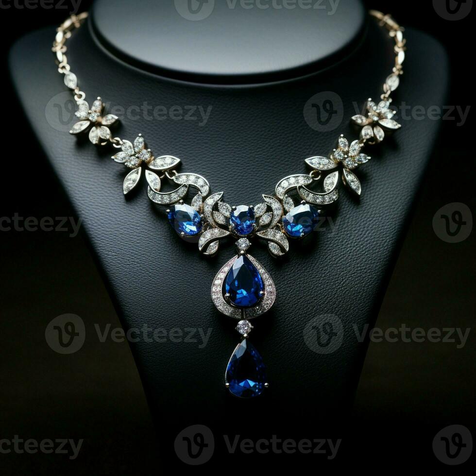 diamants avec le foncé bleu saphir Collier sur une noir Contexte. photo