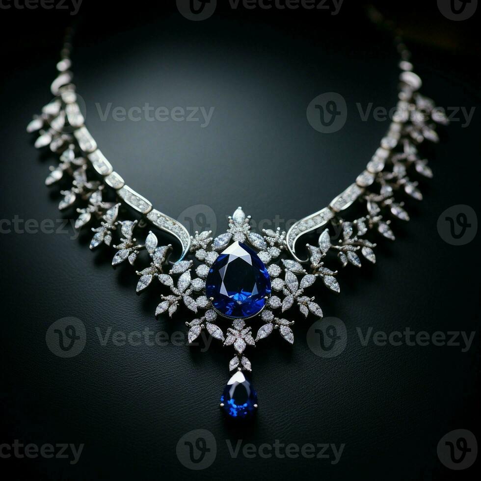 diamants avec le foncé bleu saphir Collier sur une noir Contexte. photo