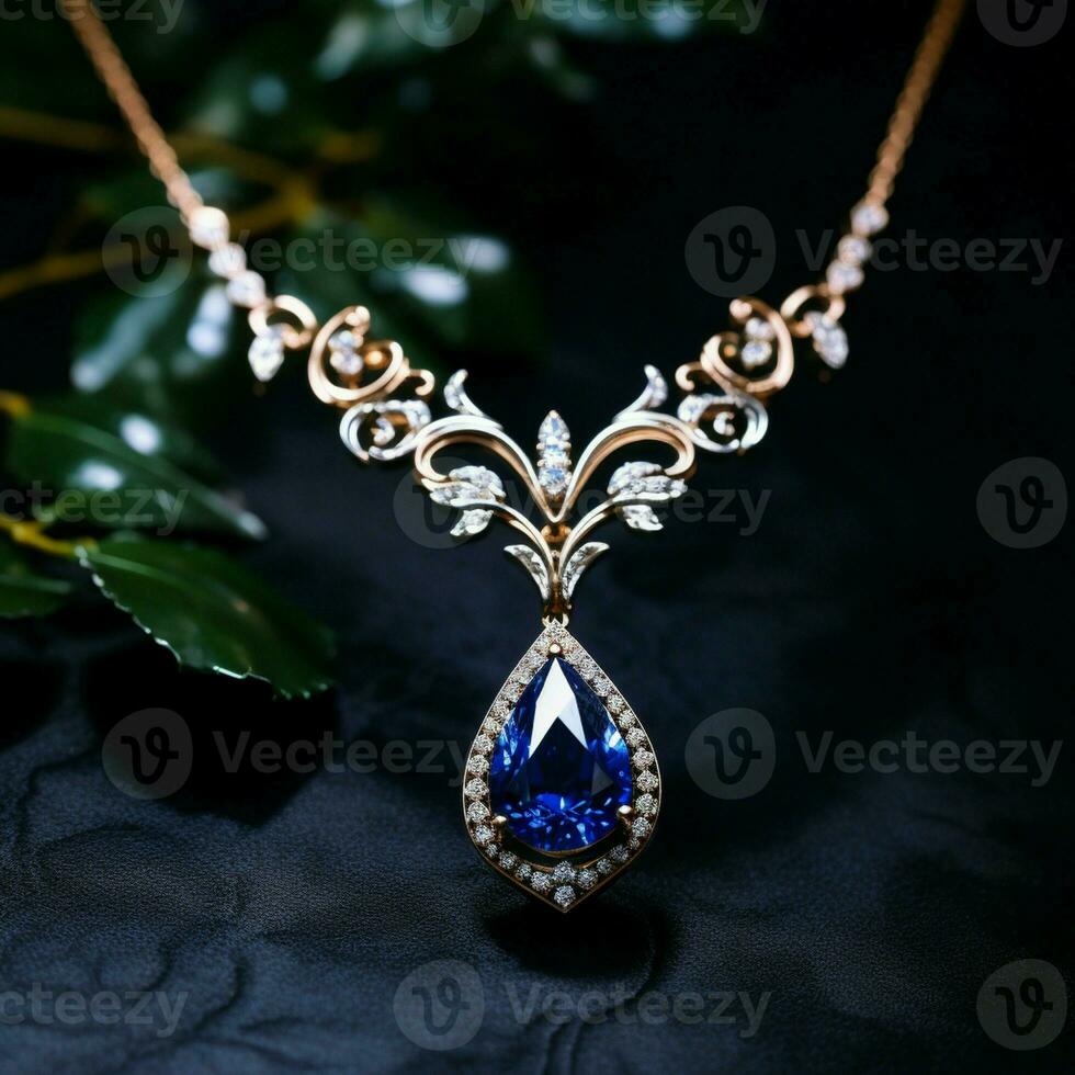 diamants avec le foncé bleu saphir Collier sur une noir Contexte. photo