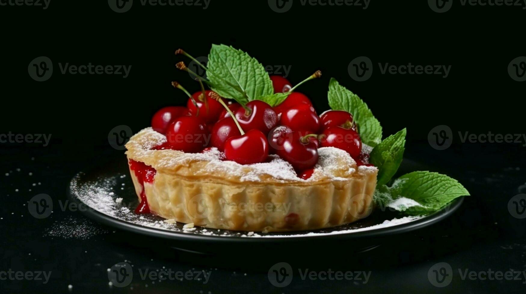 savoureux fait maison tarte avec mûr juteux Cerise et menthe feuilles tournant sur noir Contexte. photo