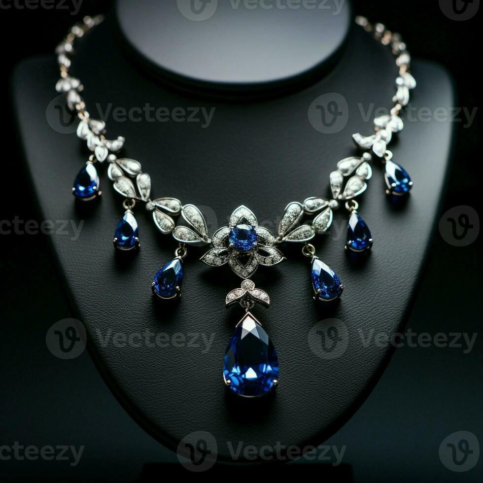 diamants avec le foncé bleu saphir Collier sur une noir Contexte. photo