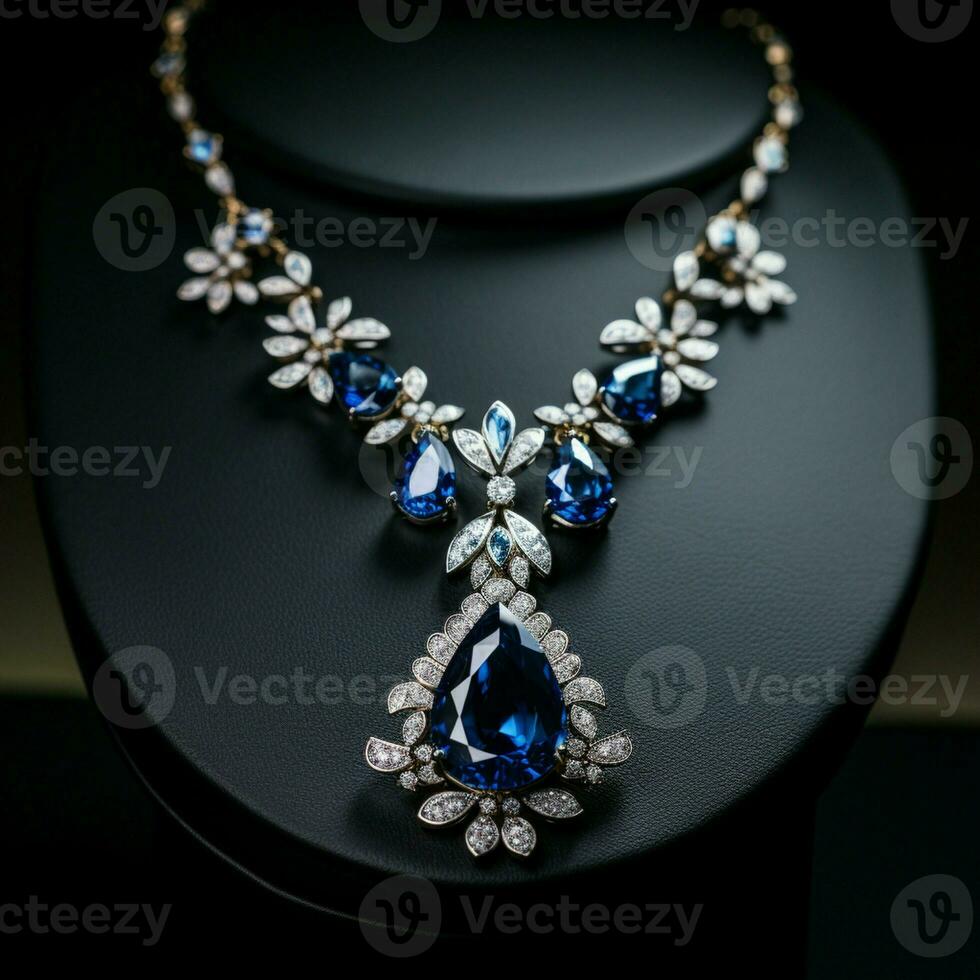 diamants avec le foncé bleu saphir Collier sur une noir Contexte. photo