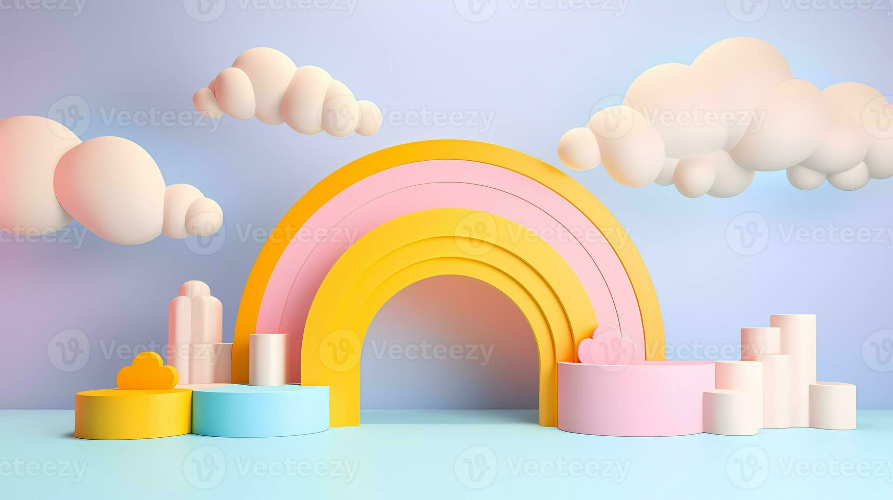 3d le rendu podium enfant style, coloré arrière-plan, des nuages et temps avec vide espace pour des gamins ou bébé produit. brillant couleurs. photo